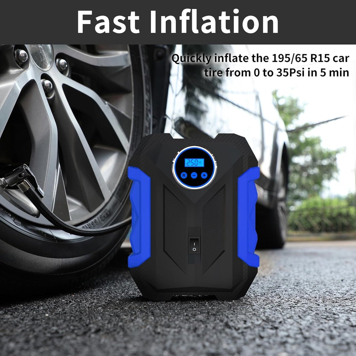 Digital Air Compressor for Car Auto Pump Portable Tire Inflator with LED Light DC 12V, Blue