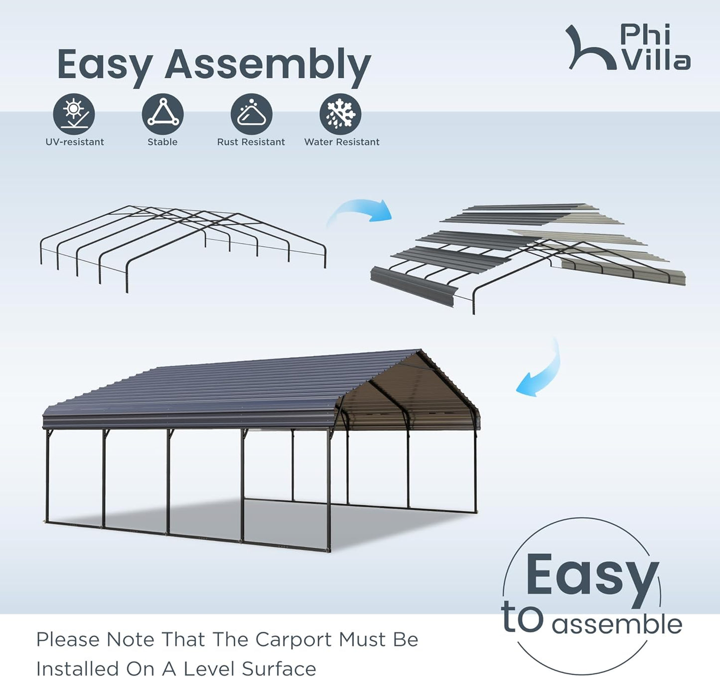 PHI VILLA 20 x 20 ft Carport 2 car Metal Carport Tent with Galvanized Steel Roof with Sidewalls Enclosure Kit, Sturdy Heavy Duty Metal Storage Shed for Cars, Boats, and Tractors
