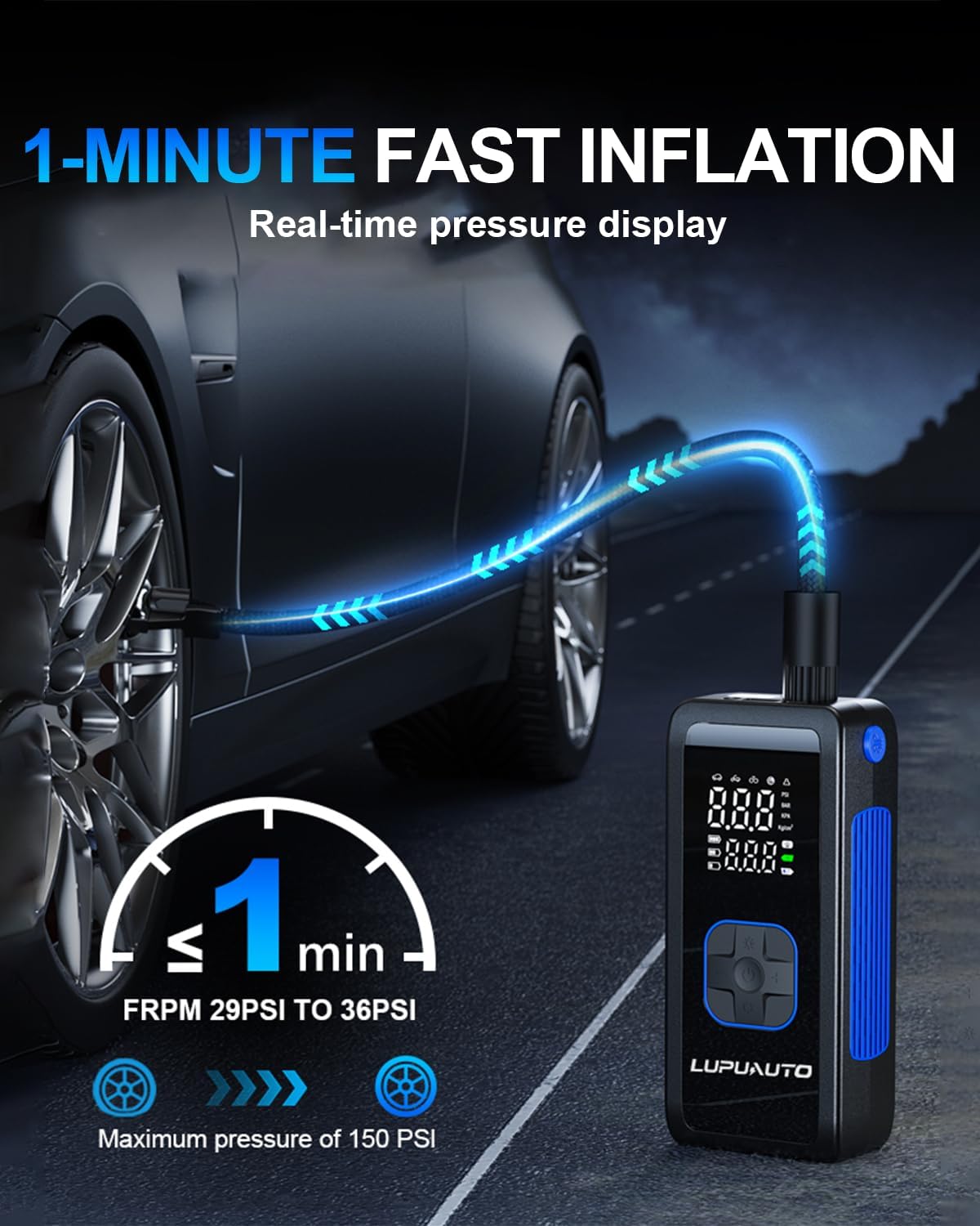Tire Inflator Portable Air Compressor, 150PSI Air Pump Tires Portable with Pressure Gauge, Tire Inflator with LED Light for Car, Bike, Motorcycle, Balls