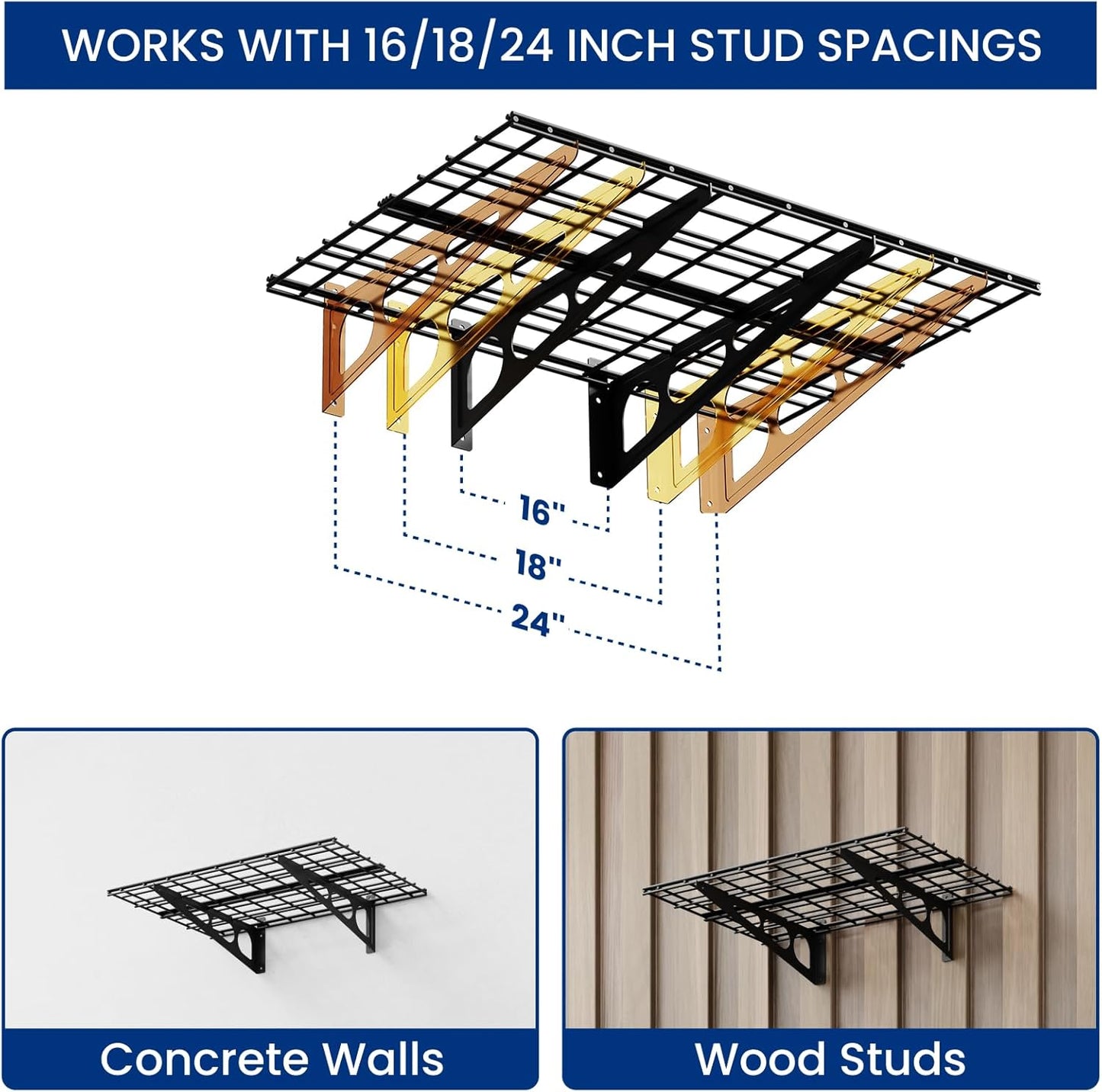 FLEXIMOUNTS 2-Pack 2x6ft Garage Shelving with Hooks, 24-inch-by-72-inch Wall Shelf Garage Storage Racks Floating Shelves, Black