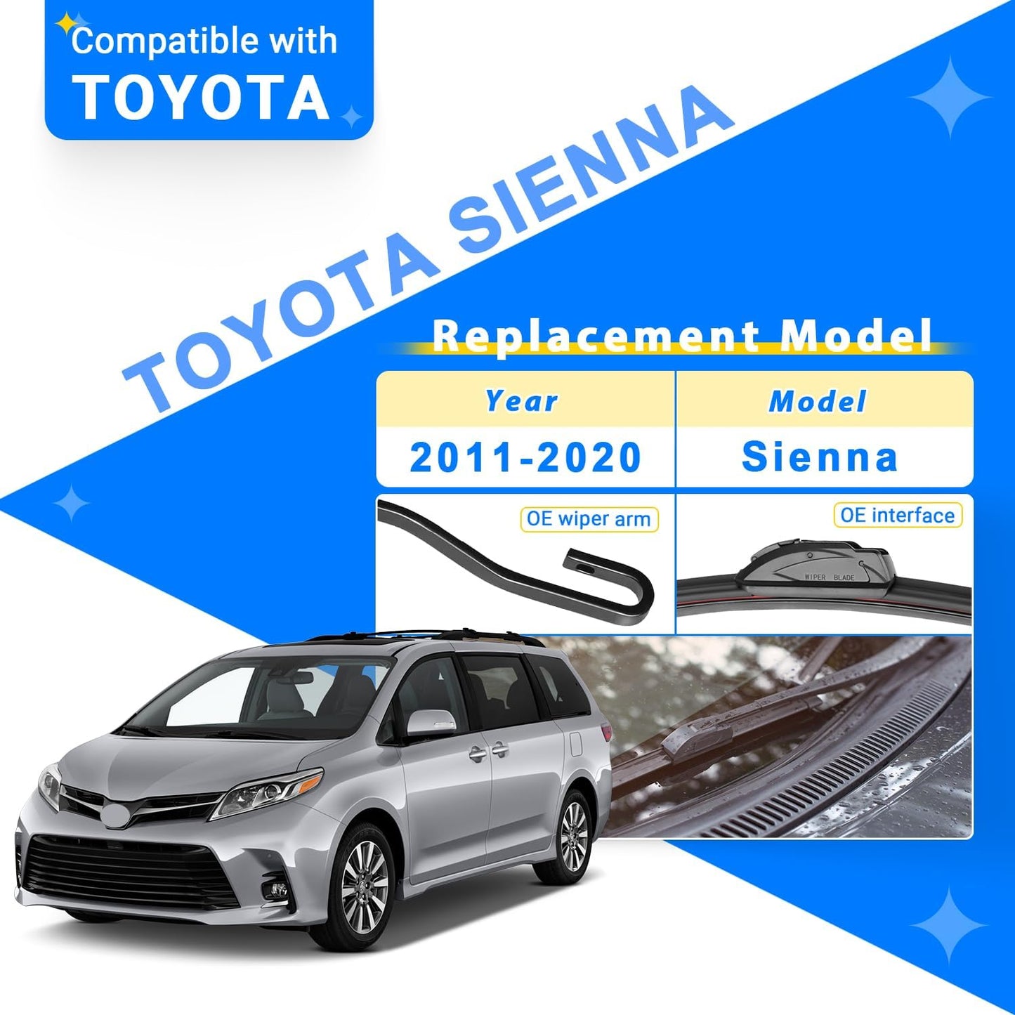 Windshield Wiper Blades Replacement for 2011-2020 Toyota Sienna Original Factory Quality Front Rear Wipers Blade Set for My Car - 28" 20" 16" (Pack of 3)