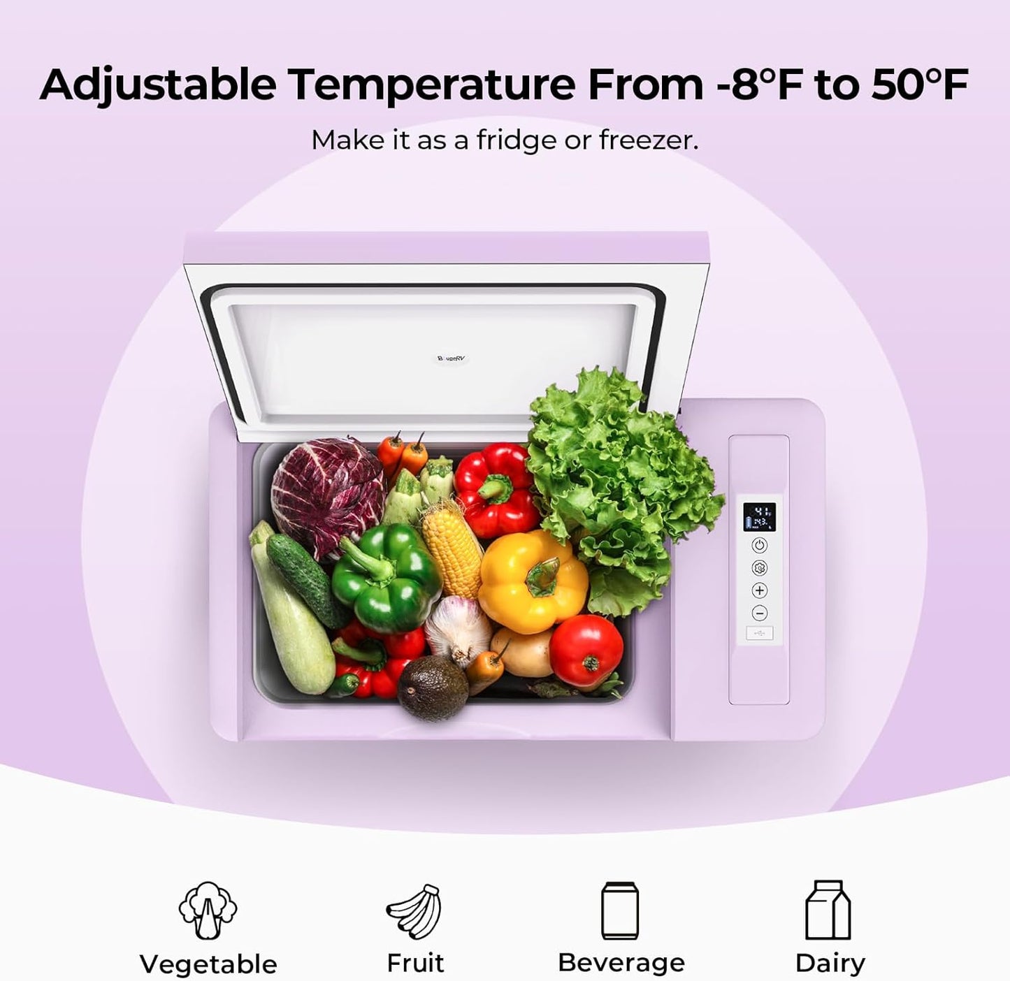 BougeRV Purple 23Quart Portable Refrigerator, 12 Volt Fridge 22L, Portable Freezer Compressor Cooler 12/24V DC 110~240 Volt AC for Truck Van RV Camper -8℉~50℉