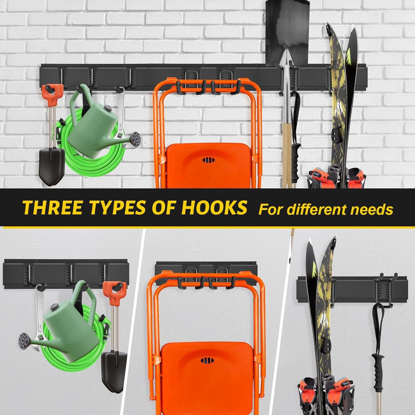 Garage Tool Organizer Wall Mount, 48 Inches Garden Tool Organizer with Adjustable Hooks, Metal Garage Storage Rack Max Loading 440lbs, Tool Holder for Hanging Rake Broom Mop Snowboard