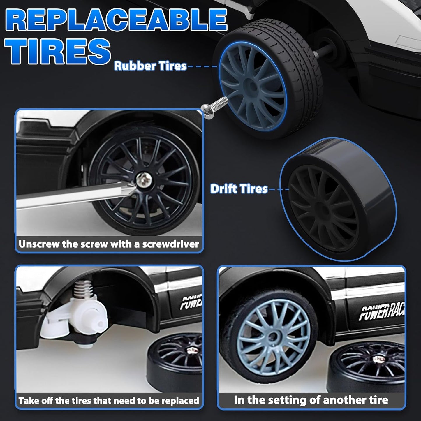 RC Drift Car 1/24 2.4GHz Remote Control Cars, 4WD High Speed Drift RC Cars with Cool LED Lights, Extra Drifting Tires Racing Toys Car with Two Batteries for Kids Boys Girls Adults (White)