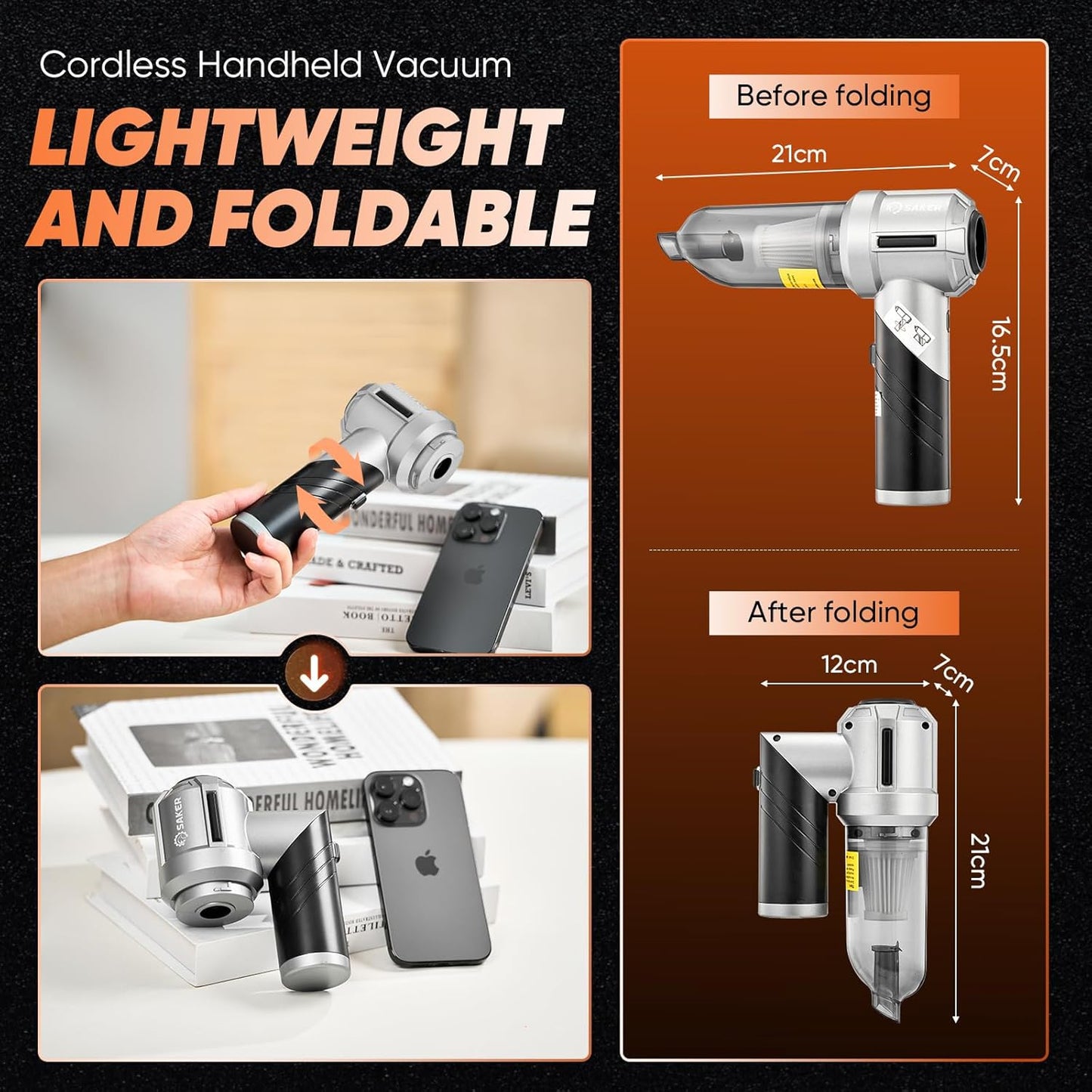 Saker Portable Handheld Vacuum Cordless Portable 17000PA Foldable Car Vacuum Cleaner Mini Dust Blower with Brushless Motor, Office Pet and Home Cleaning HL133