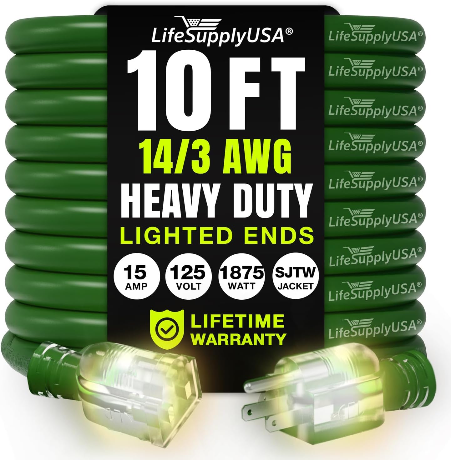 10ft Outdoor/Indoor Extension Cord 14/3 Gauge Heavy Duty 3 Prong SJTW, Waterproof, Flexible Cold-Resistant Long Power Cord,15A 125V 1875W, Green by LifeSupplyUSA