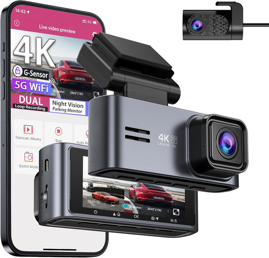 OMBAR Dash Cam Front and Rear 5G WiFi, Dash Cam 4K/2K/1080P+1080P, Dash Camera for Cars with 3.18" LCD Screen, Dashcam Car Camera with WDR Night Vision, G-Sensor, Loop Recording, SD Card Not Included