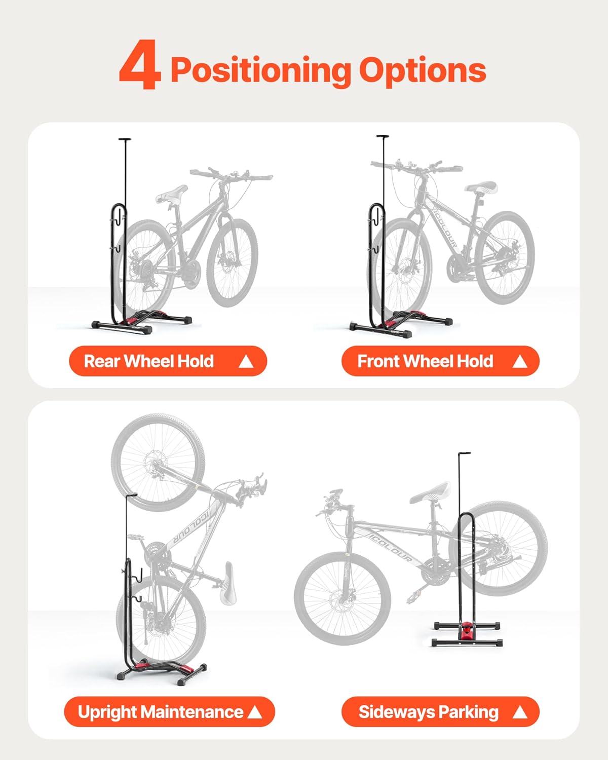 VEVOR Bike Rack, Upright Bike Stand Floor for 16 to 27.5 Inch Mountain & Road Bikes, Vertical & Horizontal Bicycle Stand for Secure Parking and Storage in Garage, Truck Bed, Indoor, Outdoor, Black