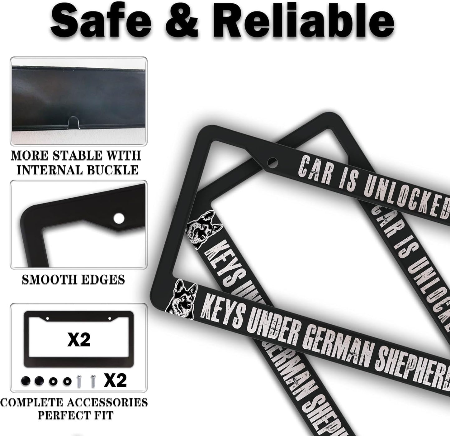Front License Plate Bracket Black and White License Plate Frames Car is Unlocked Keys Under German Shepherd Universal Aluminum Car Accessory 2 Pack with Screw Covers Set
