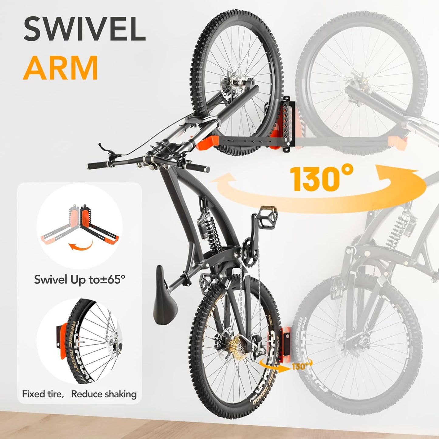 Swivel Bike Rack Wall Mount, Bike Hangers for Garage, Space-Saving Vertical Bike Holder, Holds up to 77 lbs, Bicycle Wall Hanger Storage, No Heavy Lifting Required Indoor Hanging Bike Rack-Orange