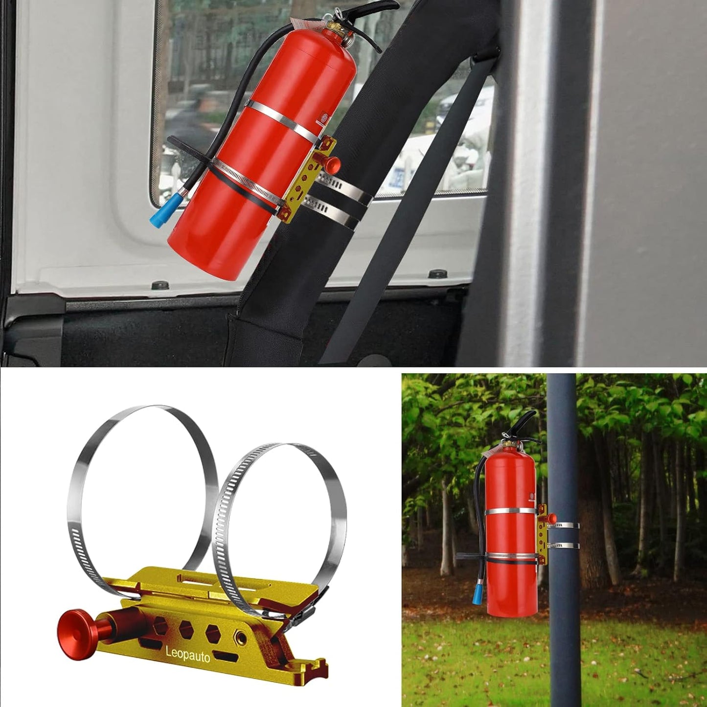 Vehicle Fire Extinguisher Mount Bracket, Aluminum Adjustable Quick Release Roll Bar Fire Extinguisher Bottle Mount with 8 Clamps, Compatible with Jeep Wrangler JK TJ Rubicon UTV, Gold