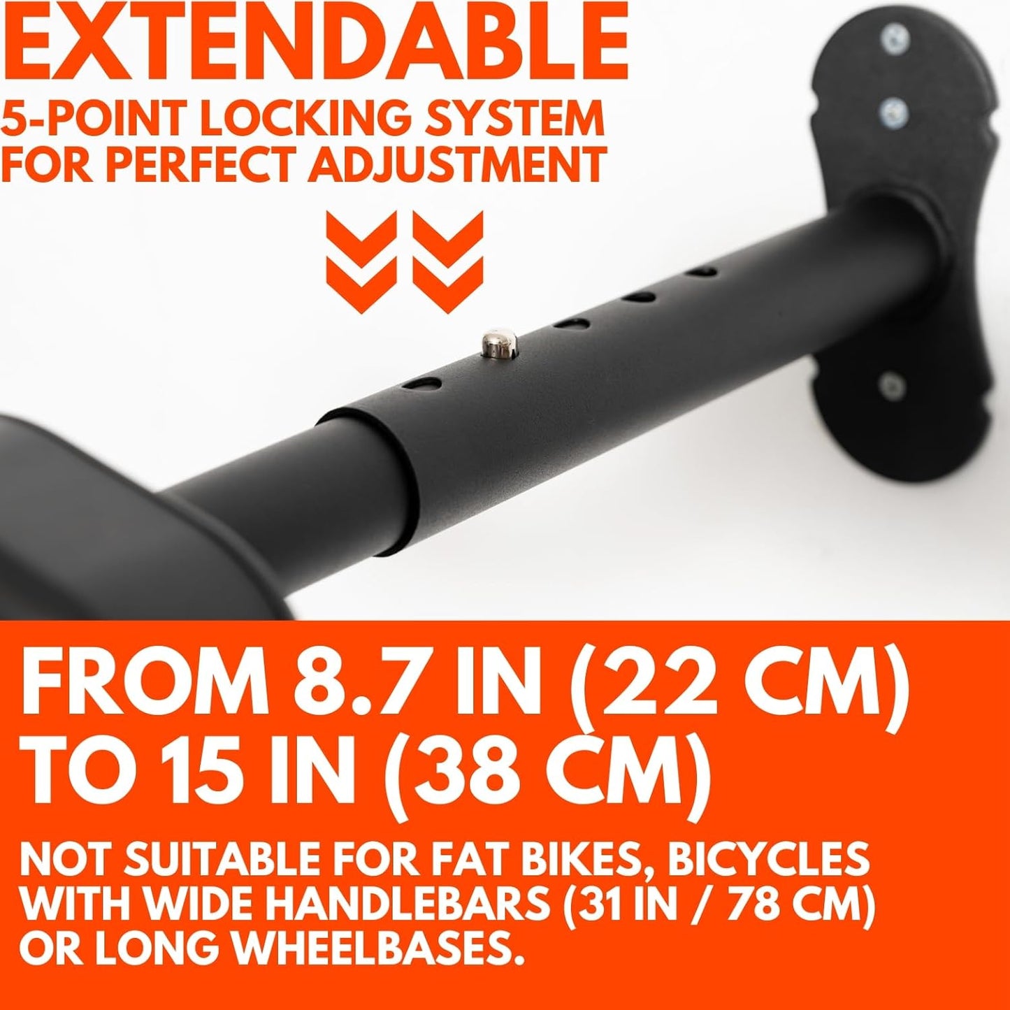 Bike Wall Mount - Horizontal Wall Hanger, Adjustable Design for Road, Mountain and Hybrid Bikes up to 48.5 lbs - Space-Saving Bike Rack for Garage or Apartment - Sturdy Indoor Bicycle Storage (2 Pack)