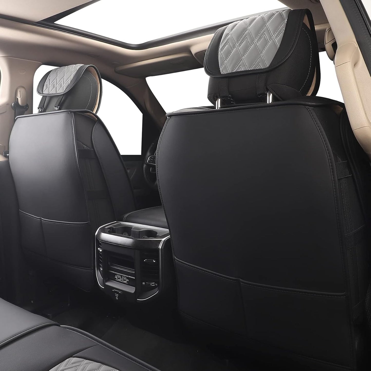 JOJOBAY Car Seat Covers for Dodge Ram Full Set,Fit Ram 2009-2025 1500/2500/3500 Pick-up Truck,Crew,Regular,Quad,Mega Cab,Waterproof Leather Seat Covers Protectors（5 PCS Full Set,Black-Grey）