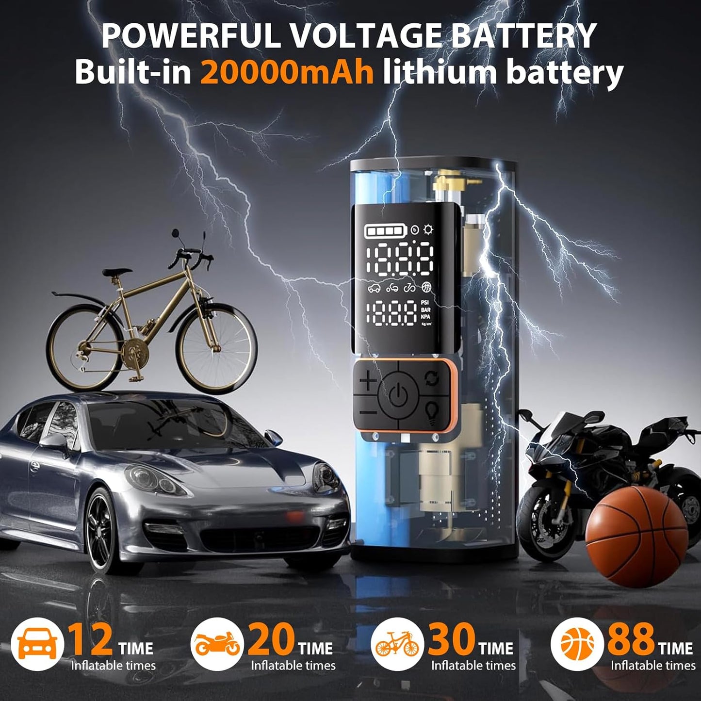 Tire Inflator Portable Air Compressor, 20000mAh 180PSI & 4X Faster Air Pump- with Digital Pressure Gauge, LED Light and Auto Shut, Cordless Air Pump for Cars, Bikes, Balls, Motorcycles and More.