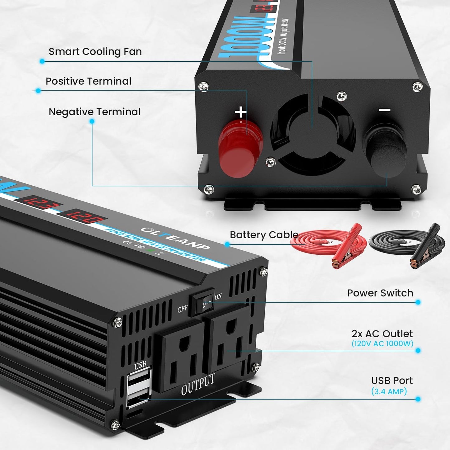 1000W Pure Sine Wave Power Inverter with 2 AC Outlets, 2 USB Ports, LCD Display, 12V to 110V Car & Home Inverter for Vehicles, Laptop