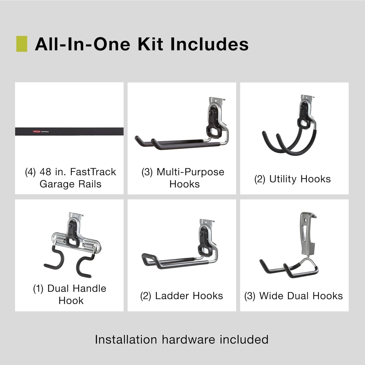 Rubbermaid 15-Piece FastTrack Garage Wall-Mounted Storage Kit, 4 Rails and 11 Hooks, for Home/House/Tool/Sports/Equipment/Utility Purposes