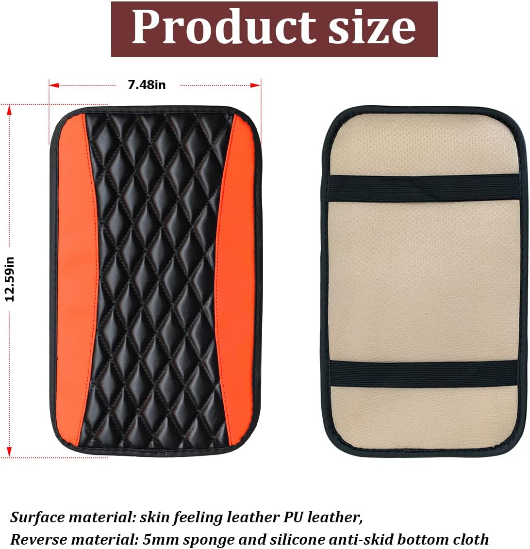 Car Center Console Cushion Pad, Universal Leather Waterproof Armrest Seat Box Cover Protector,Comfortable Car Decor Accessories Fit for Most Cars, Vehicles, SUVs (Orange)