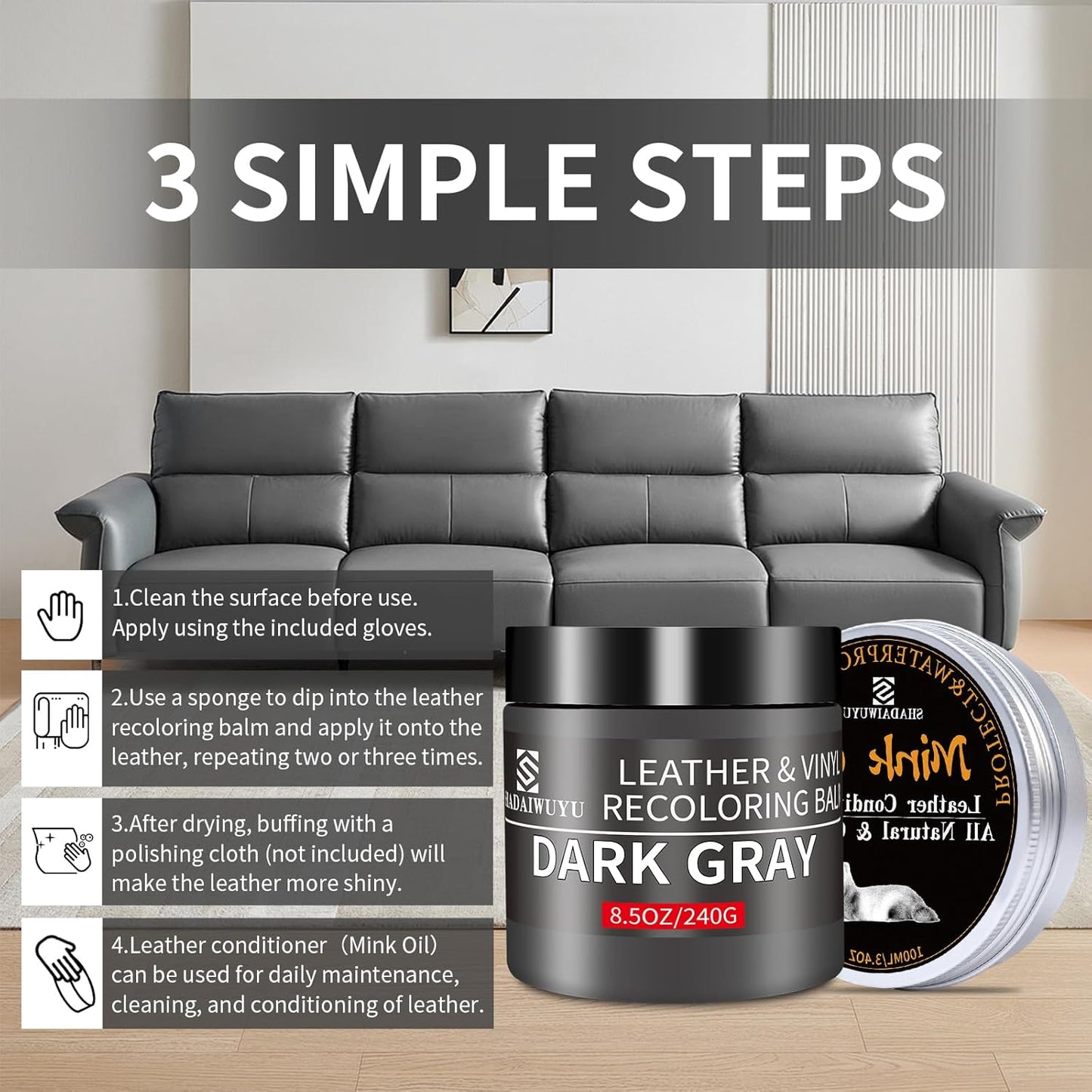 8.5oz Leather Recoloring Balm with 100ml Mink Oil,Dark Gray Leather Repair kit for Furniture and Car Interior,Leather Couch Scratch Repair,Leather Dye Paint,Mink Oil for Leather
