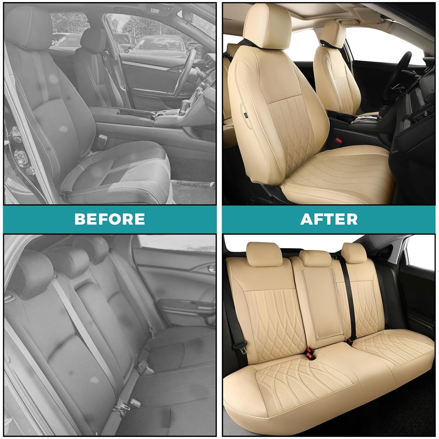 Seat Covers for Honda Civic Sedan EX-L, EX-T, EX, Touring, LX-P, Sport 2016 2017 2018 2019 2020 2021, Faux Leather Car Seats Cover Full Set(Rear Row 40/60 Split & Folding Backrest)-Beige