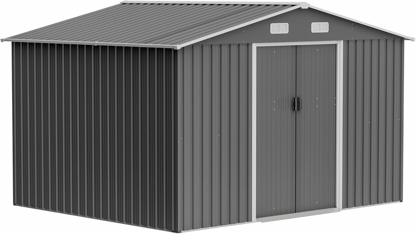 10X8 FT Outdoor Metal Storage Shed with Lockable Door & Floor Frame, Heavy-Duty Garden Tool Shed, Weatherproof Steel Utility Shed for Backyard, Patio, or Lawn Organization