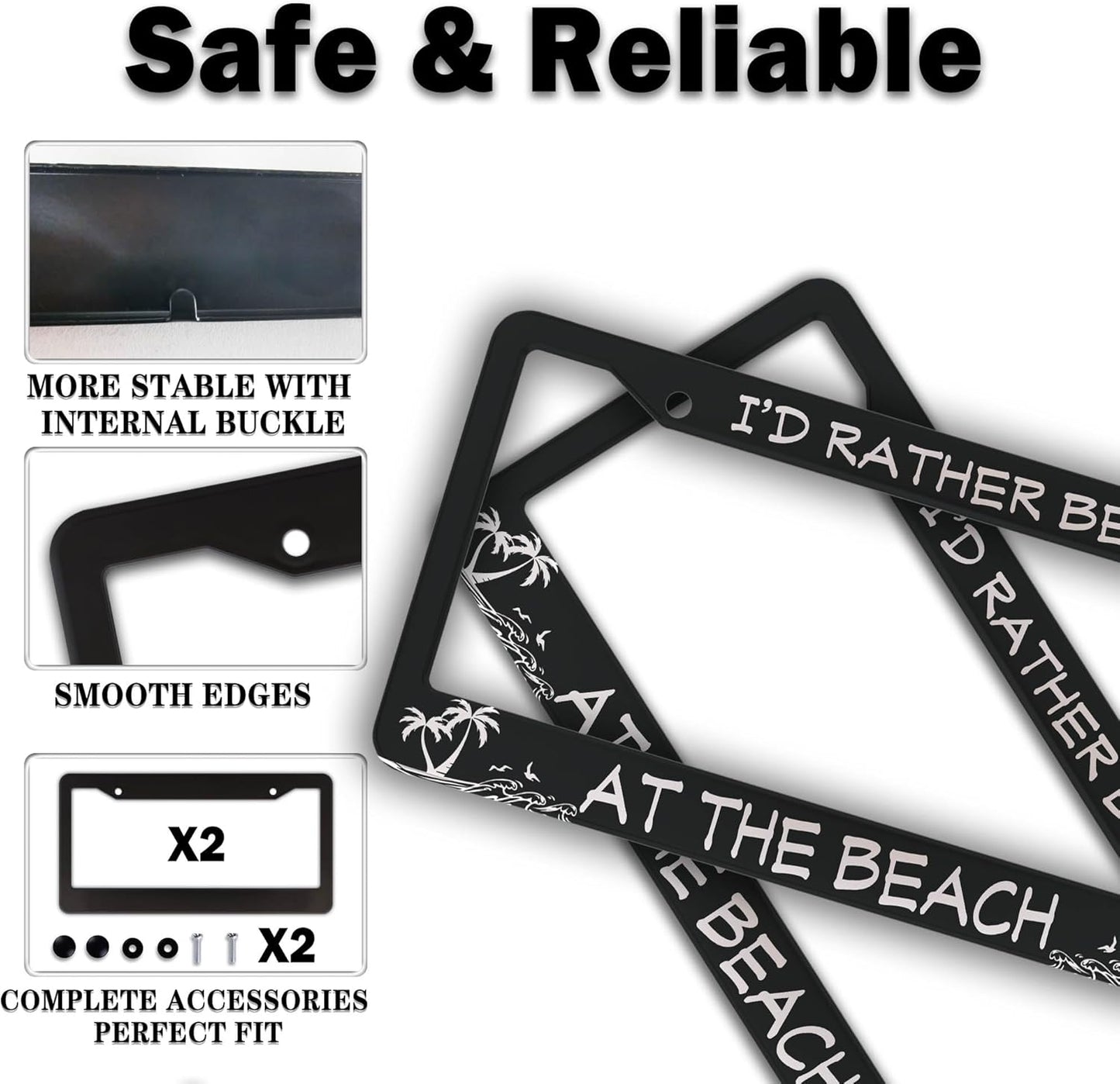 License Plate Frames Black and White License Plate Covers I'd Rather Be at The Beach Aluminum Metal Car Accessory 2 Pack with Screw Covers Set