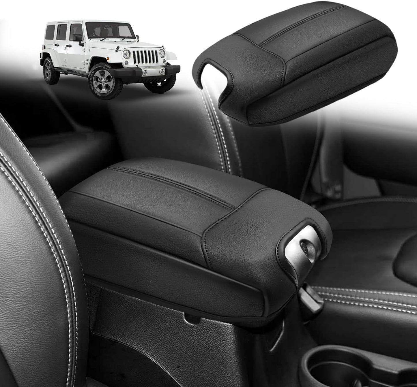 Muslogy Center Console Armrest Cover Compatible with Jeep Wrangler JK JKU 2011-2017 Comfort Armrest Pad Arm Rest Cushion Vegan Leather Protector Black Regular Thick