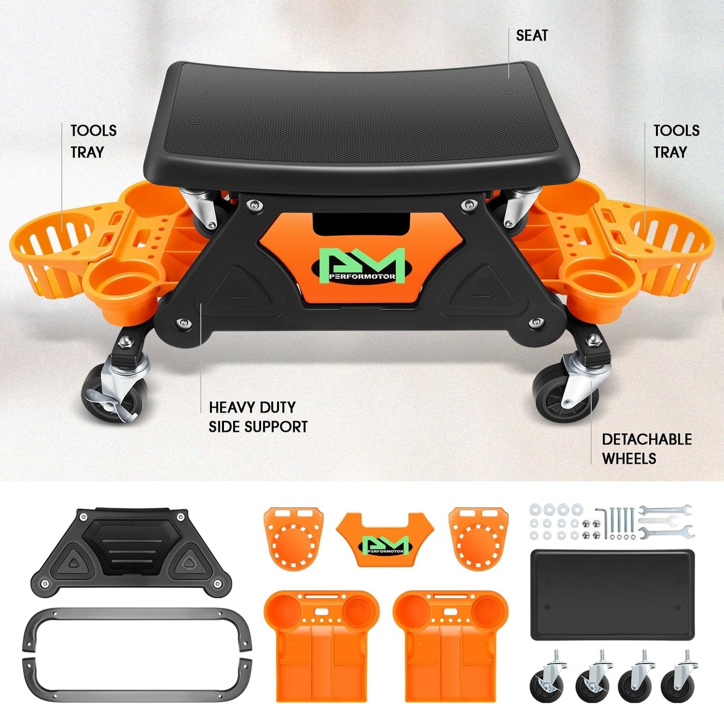 PM PERFORMOTOR Mechanic Stool - 25-1/2" x 13" x 12" (L x H x W), Rolling Work Seat w/Lockable Swivel Wheels and Storage Tool Tray, Orange,PM-TOL-CRS-OG