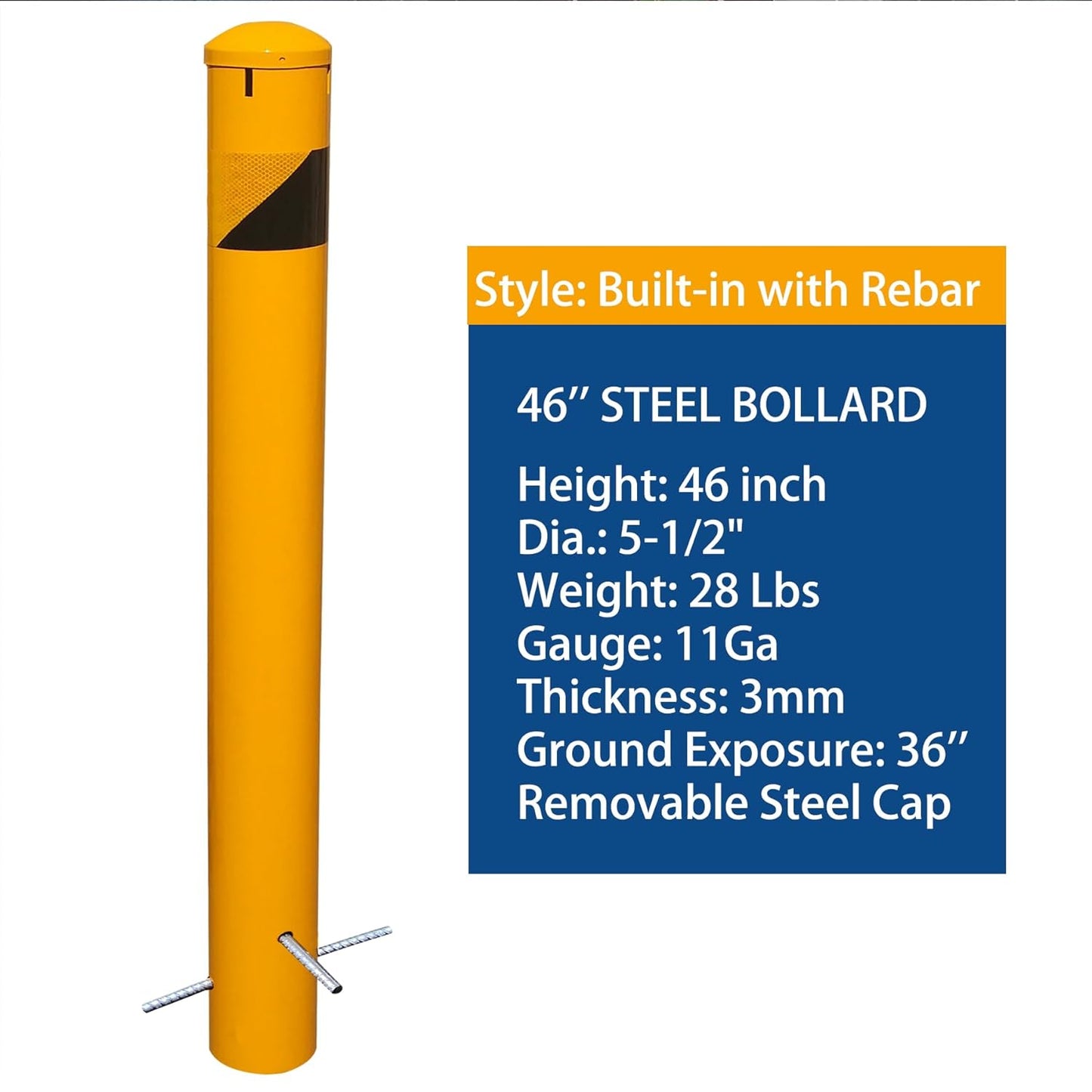 46" High Pour in Place Steel Bollard Post with Removable Cap, 5-1/2" OD Safety Bollard Yellow Powder Coat, Metal Bollard Parking, Door Front Barrier