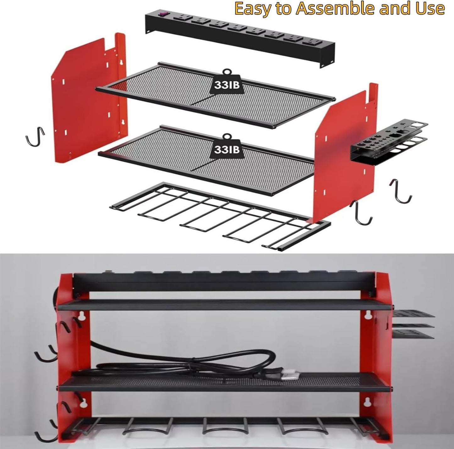 Power Tool Storage Rack, Garage Wall Mount Tool Rack, 4 Drill Bit Holders with Hooks, Screwdriver, Drill Bit Heavy Duty Holder, Tool Battery Holder, Built-in 8-Outlet Power Strip