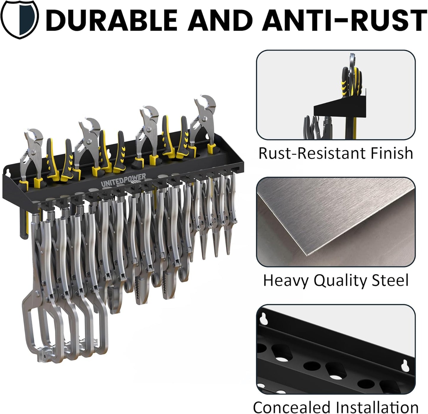 UNITEDPOWER Vise Grip Holder, Wall Mount Pliers Storage Rack Organizer for Workshop, Shed, Garage, Stores up to 15 Vises or 11 Pliers
