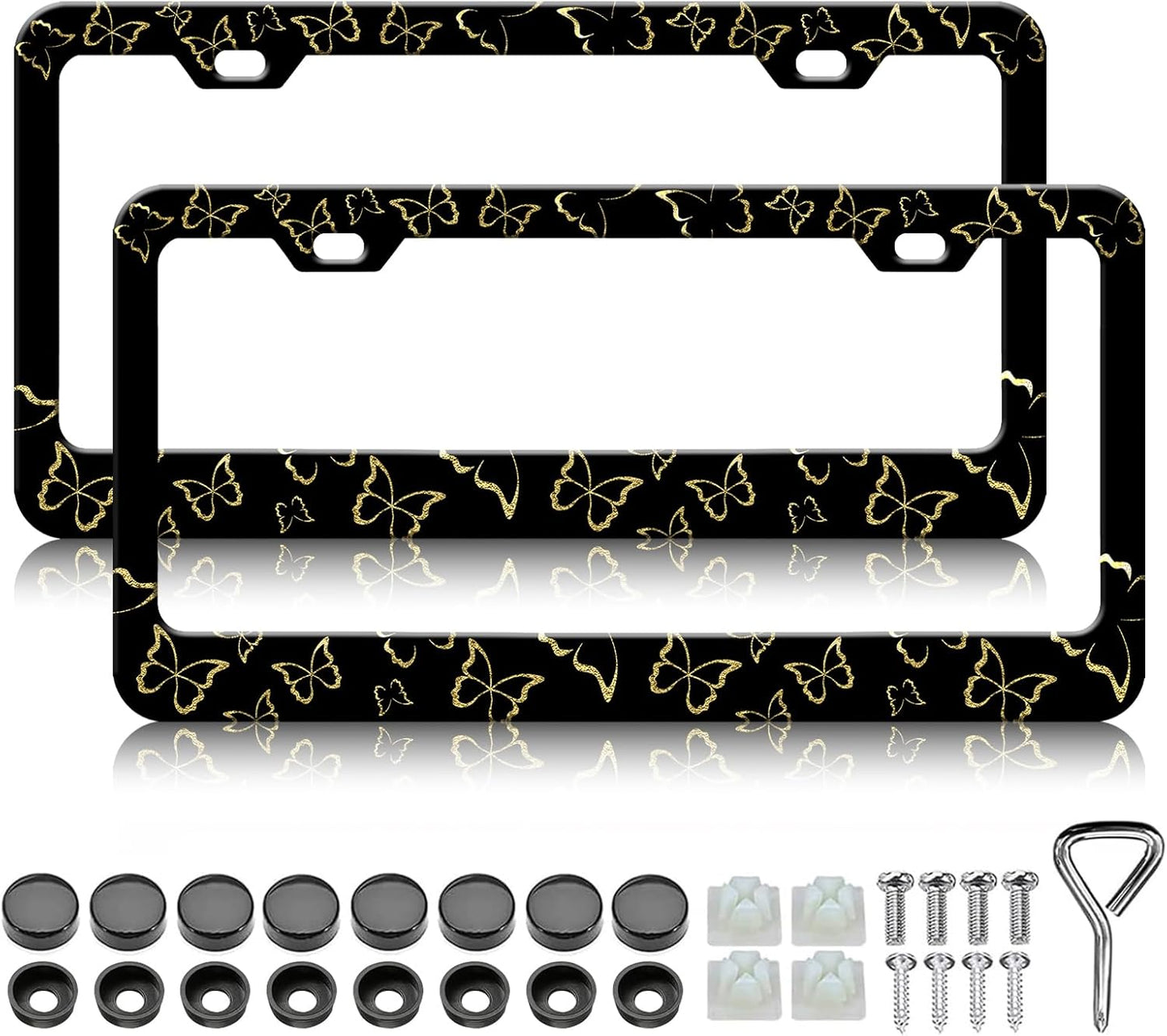 Golden Butterfly License Plate Frames - 2 Pack Beautiful Butterfly Stainless Steel License Plate Holder,Rust-Proof Waterproof Car Decorative Tag Frame with Screws Fasteners Caps