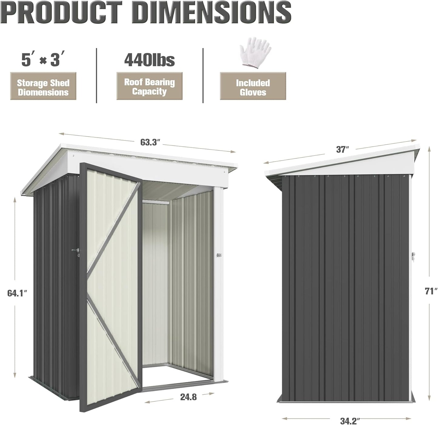 JUMMICO Metal Outdoor Storage Shed 5 x 3 FT Metal Shed with Lockable Door,Waterproof Garden Tool Shed Storage House for Backyard Patio Lawn,Grey
