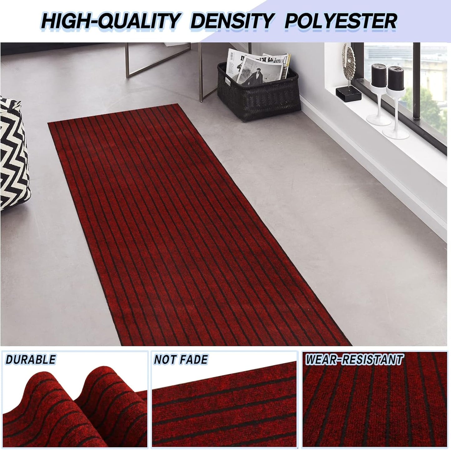 Custom Size Backed Non-Slip Area Rugs Runner, Easy Clean, Waterproof Runner Rugs for Hallway Entryway, Kitchen, Laundry, 4FT x 22FT, Red Stripe
