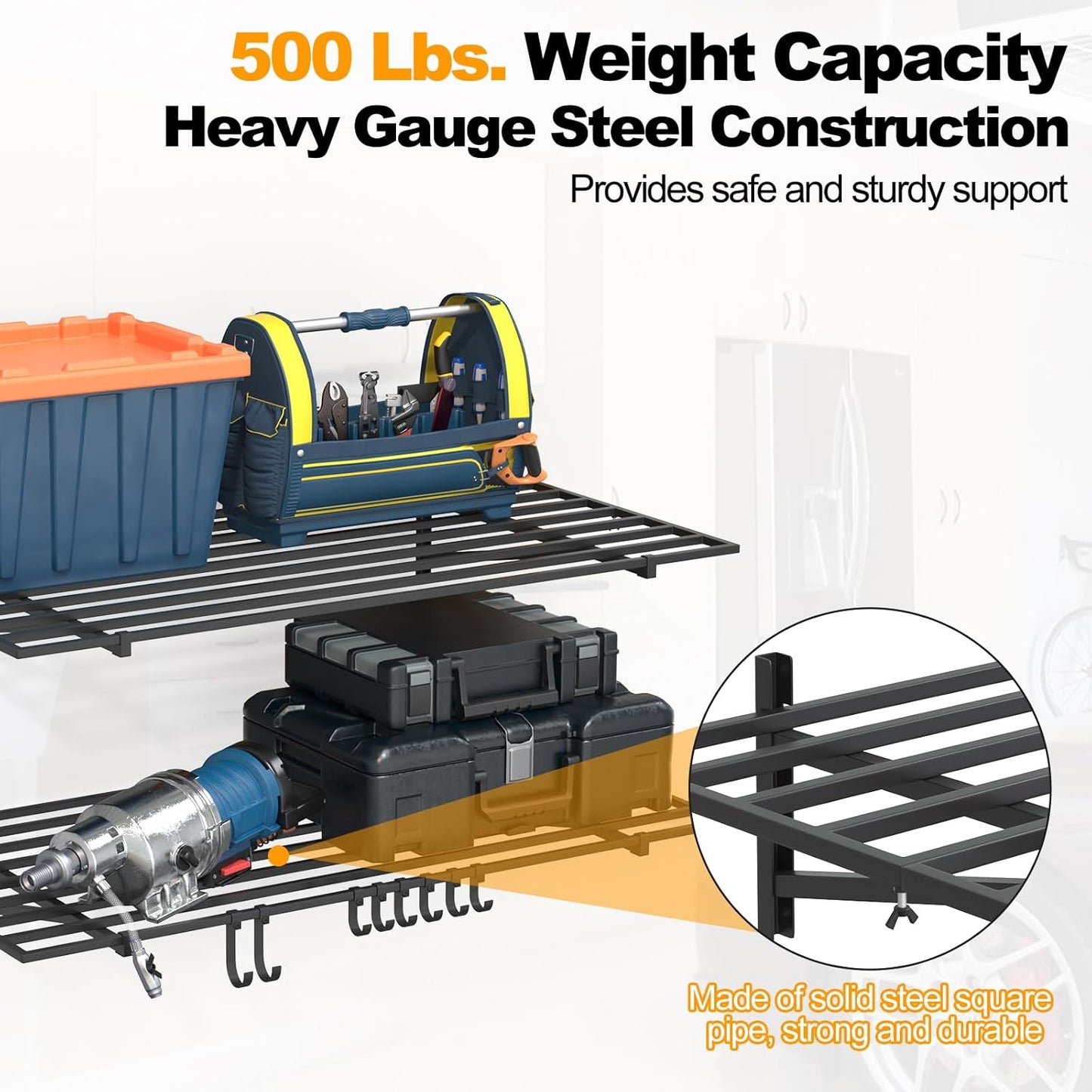 2-Pack 2×4ft Steel Garage Wall Shelving, 500lbs Each Load Capacity, Black, Hooks, Tool & Equipment Storage