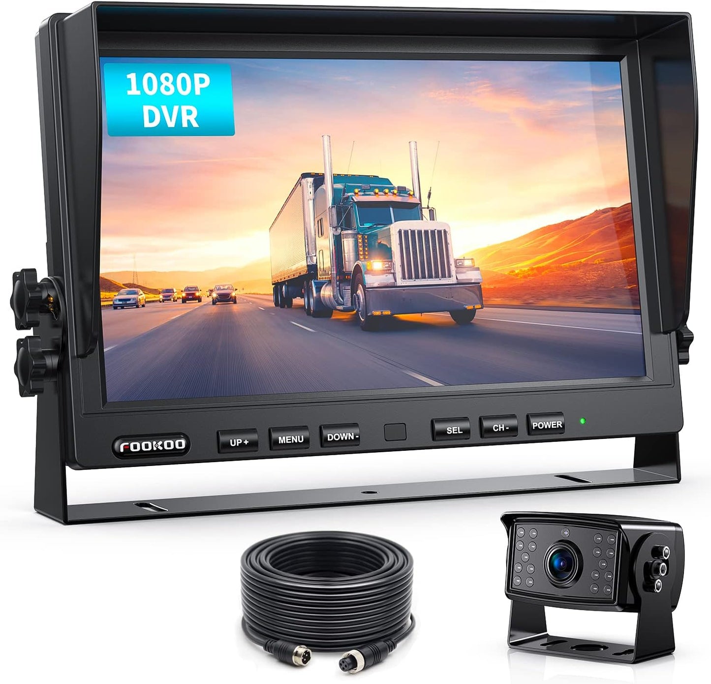 Fookoo Ⅱ 10" 1080P Wired Backup Camera System,10-inch HD Dual Split Screen Monitor with Recording IP69 Waterproof Rear View Camera Parking Lines Supports Up to 2 Cameras for Truck/Trailer/RV(DY101)