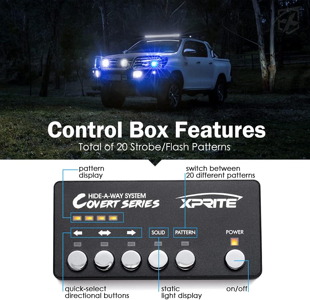 Xprite Blue LED Hideaway Strobe Police Lights Kit, 20 Flashing Patterns w/Control Panel for Headlights Taillights Hazard Warning Mounting, for Emergency Vehicles Volunteer Cars Trucks SUV 4PCS