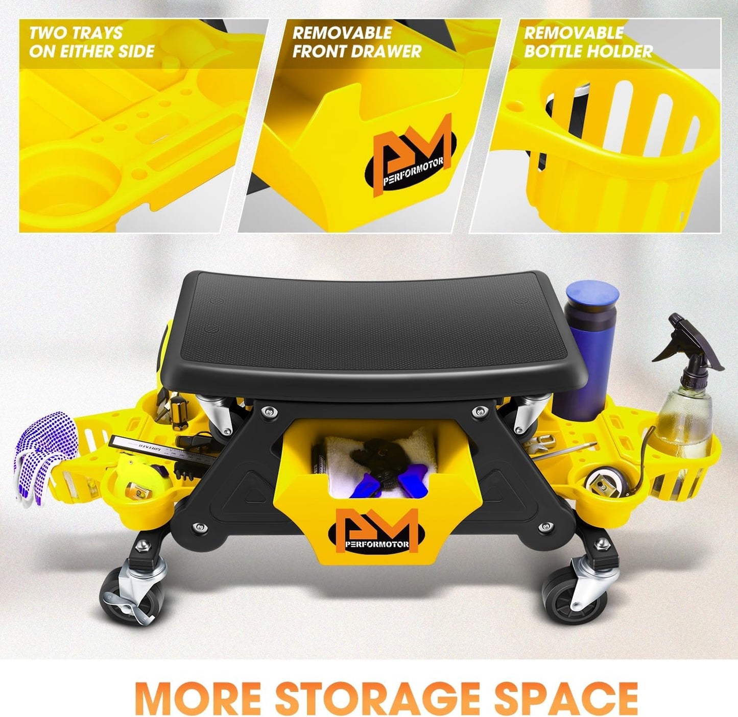 PM PERFORMOTOR Mechanic Stool - 25-1/2" x 13" x 12" (L x H x W), Rolling Work Seat w/Lockable Swivel Wheels and Storage Tool Tray, Yellow,PM-TOL-CRS-YL