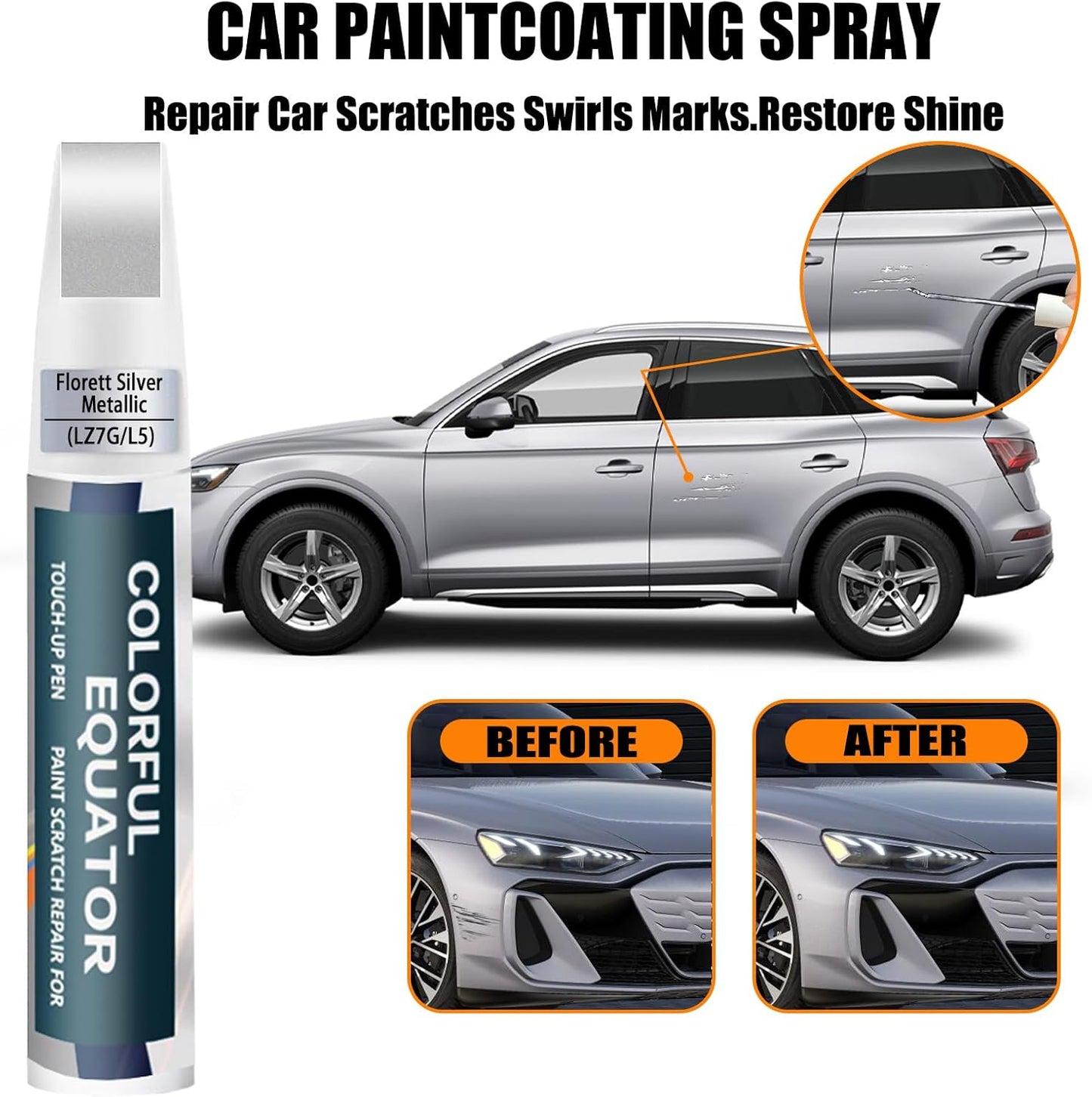 Florett Silver Metallic(LZ7G/L5) Touch Up Paint Compatible with Audi, Car Paint Pen Scratch Repair Two-In-One Touch Up Paint, Premium Car Scratch Remover for Deep Scratches