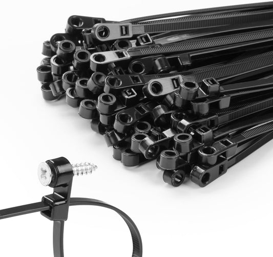 200 PCS 10 inch Black Zip Ties with Screw Hole 70lbs Mountable head Cable Ties Straps Multipurpose Heavy Duty Nylon Cable Zip Ties with Screw Mounting Hole