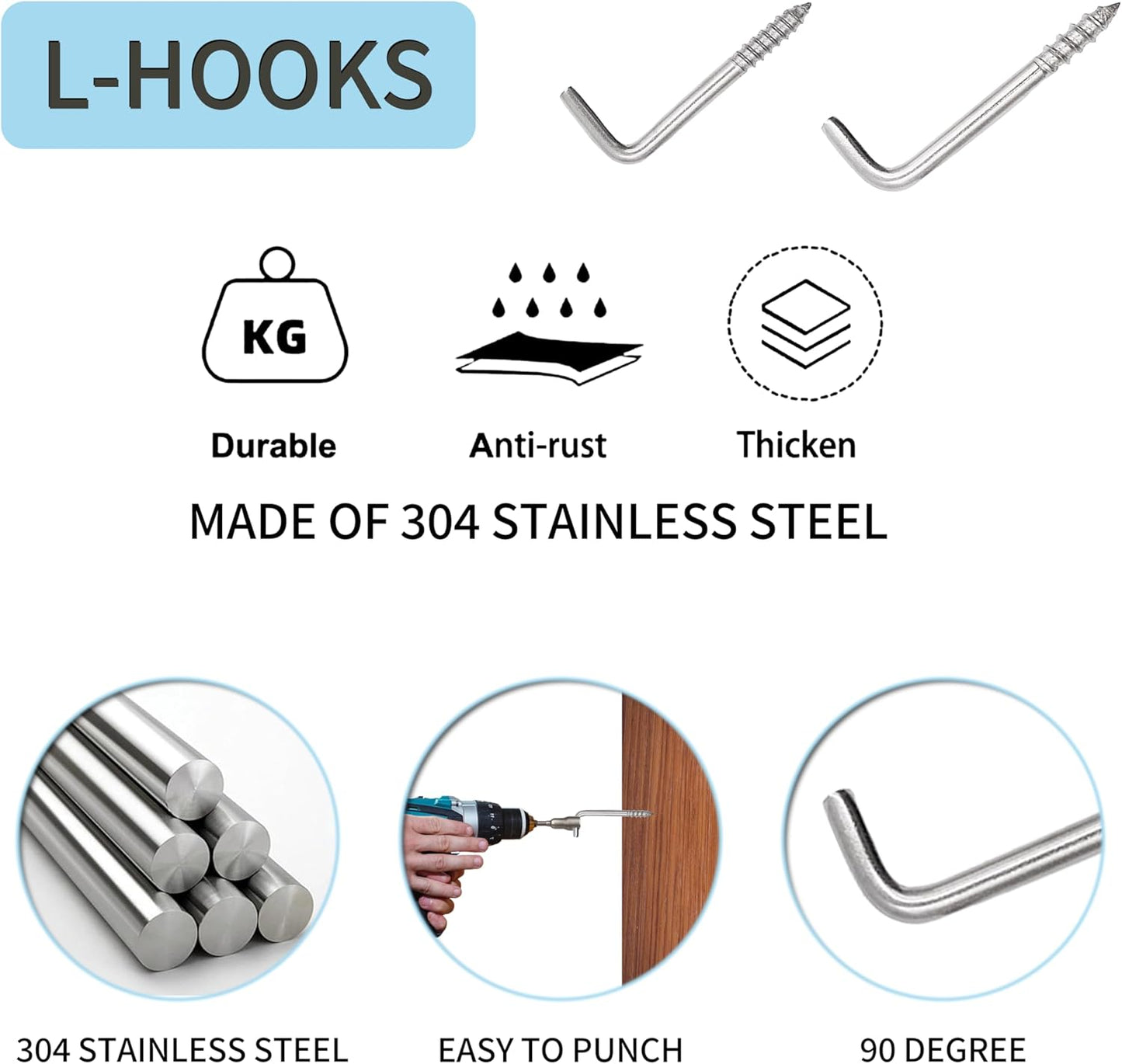 304 Stainless Steel M5 Screw-in Hooks 60 Pcs,7 Shape Screw Hooks,Right Angle Medal Hooks l Shaped Screw in Hooks for Hanging
