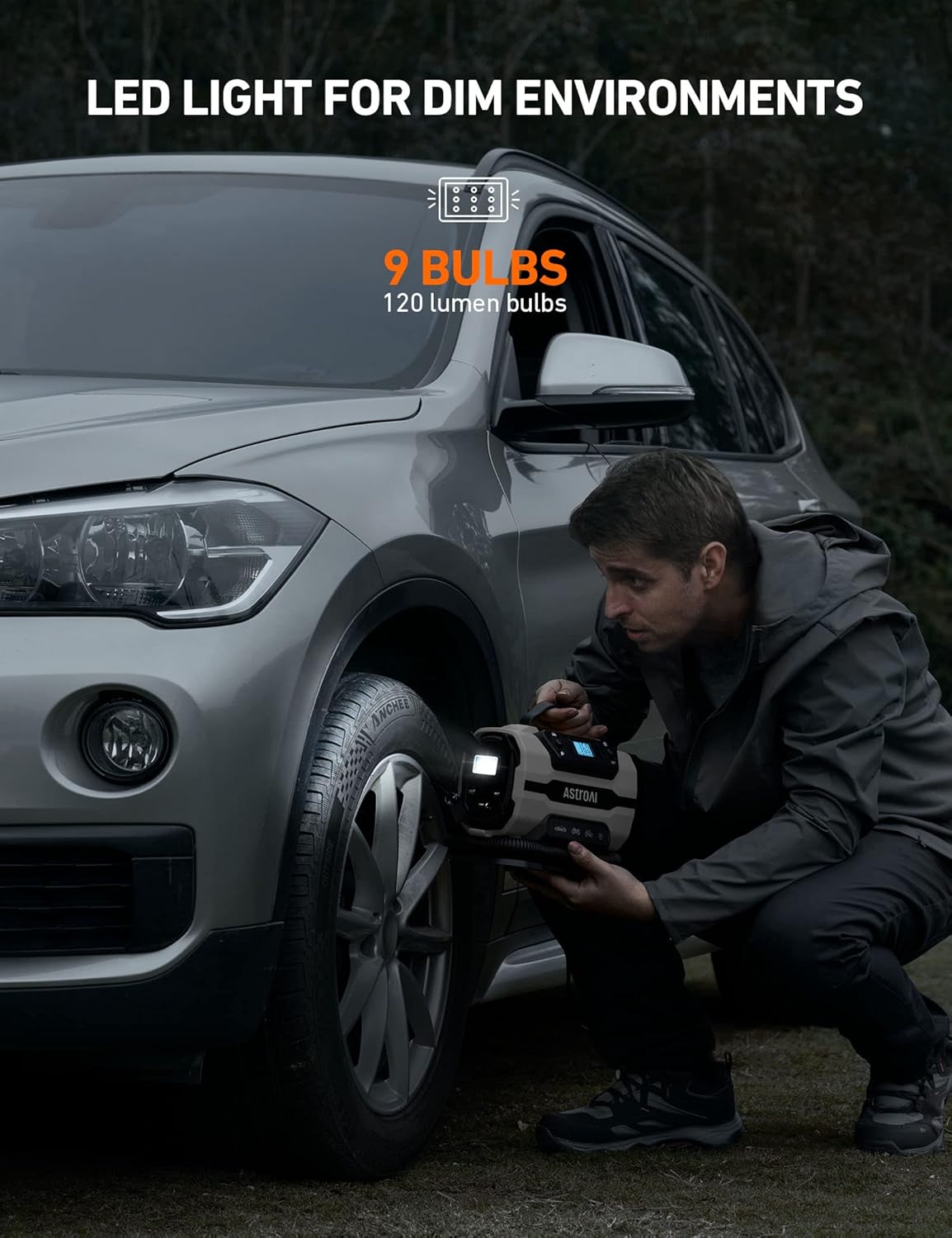 AstroAI Tire Inflator Portable Air Compressor Pump 150PSI 12V DC/110V AC with Dual Metal Motors &LED Light, Automotive Car Accessories&Two mode for car, bicycle tires and air mattresses, Gray