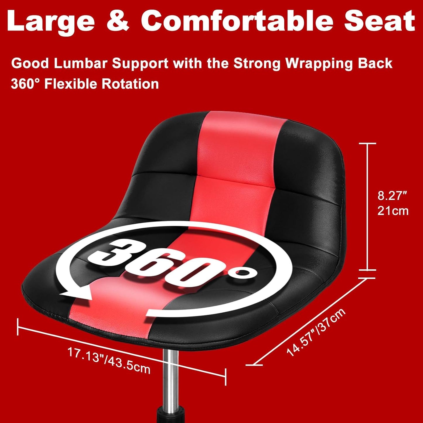 Rolling Shop Stool with Wheels, Adjustable Garage Mechanic Stool Seat Shop Roller Work Chair Mobile Rolling Seat with Tool Tray, 2 Cup Holders, 4" Casters, 350 LBS, Heavy-Duty, Red