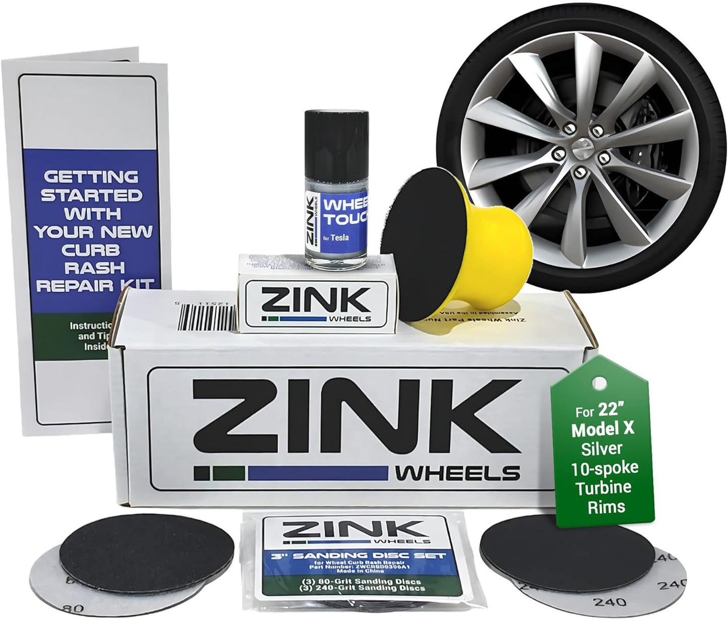 Premium Tesla Wheel Curb Rash Repair Kit for Model X 22-inch Silver Turbine Rims - DIY Kit with Color-matched Touch Up Paint - Made in USA