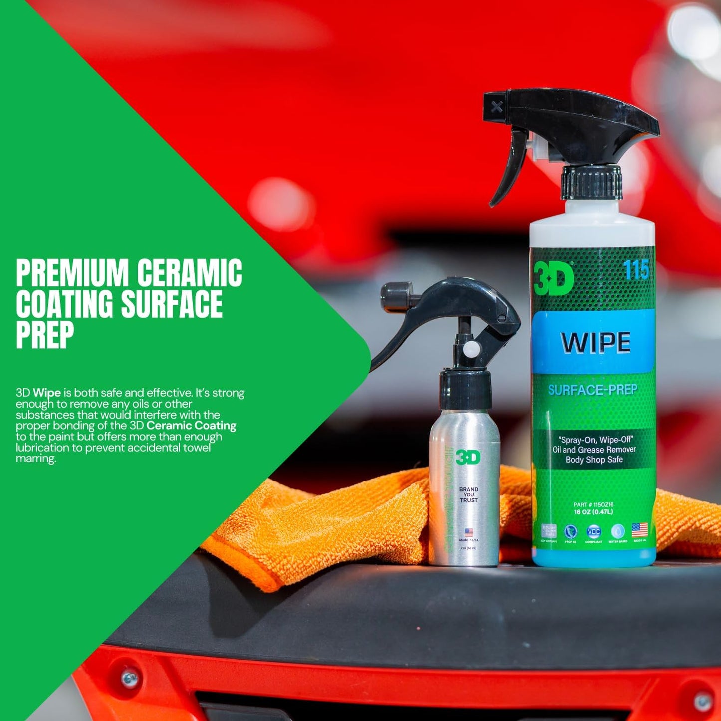 3D Wipe Ceramic Coating Surface Prep - Removes Excess Oils & Lubricants from Paint & Glass Prior to Ceramic Coating Application 16oz.
