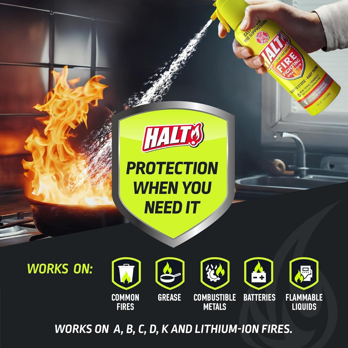 HALT! Fire Fighting Foam Spray – Non-Toxic, PFAS Free, Easy to Use, Store & Find in Emergency – Compact & Portable – Ideal for Home, Kitchen, Apartment, Car, BBQ, Tailgate – Made in USA (Single Pack)