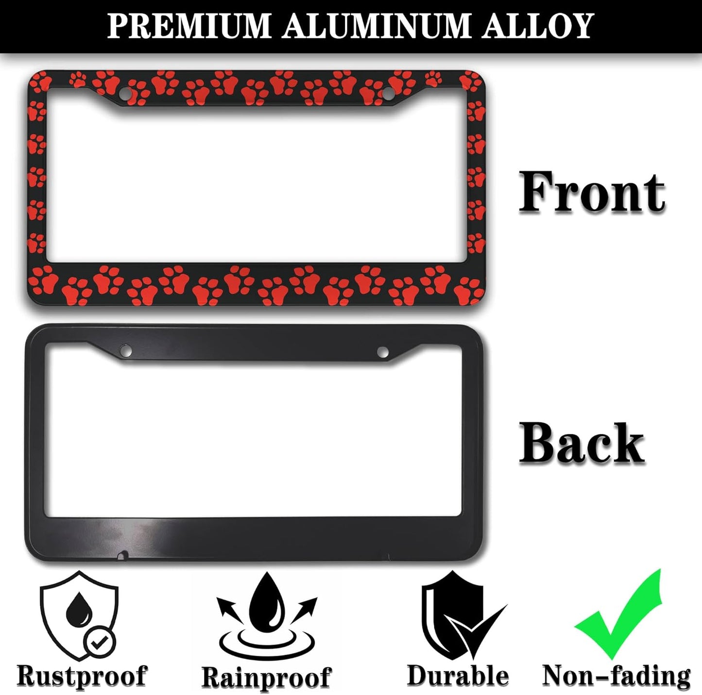 Custom License Plate Frame Black and Red License Plate Frames Animal Dog Paw Aluminum Metal Car Accessory 2 Pack with Screw Covers Set