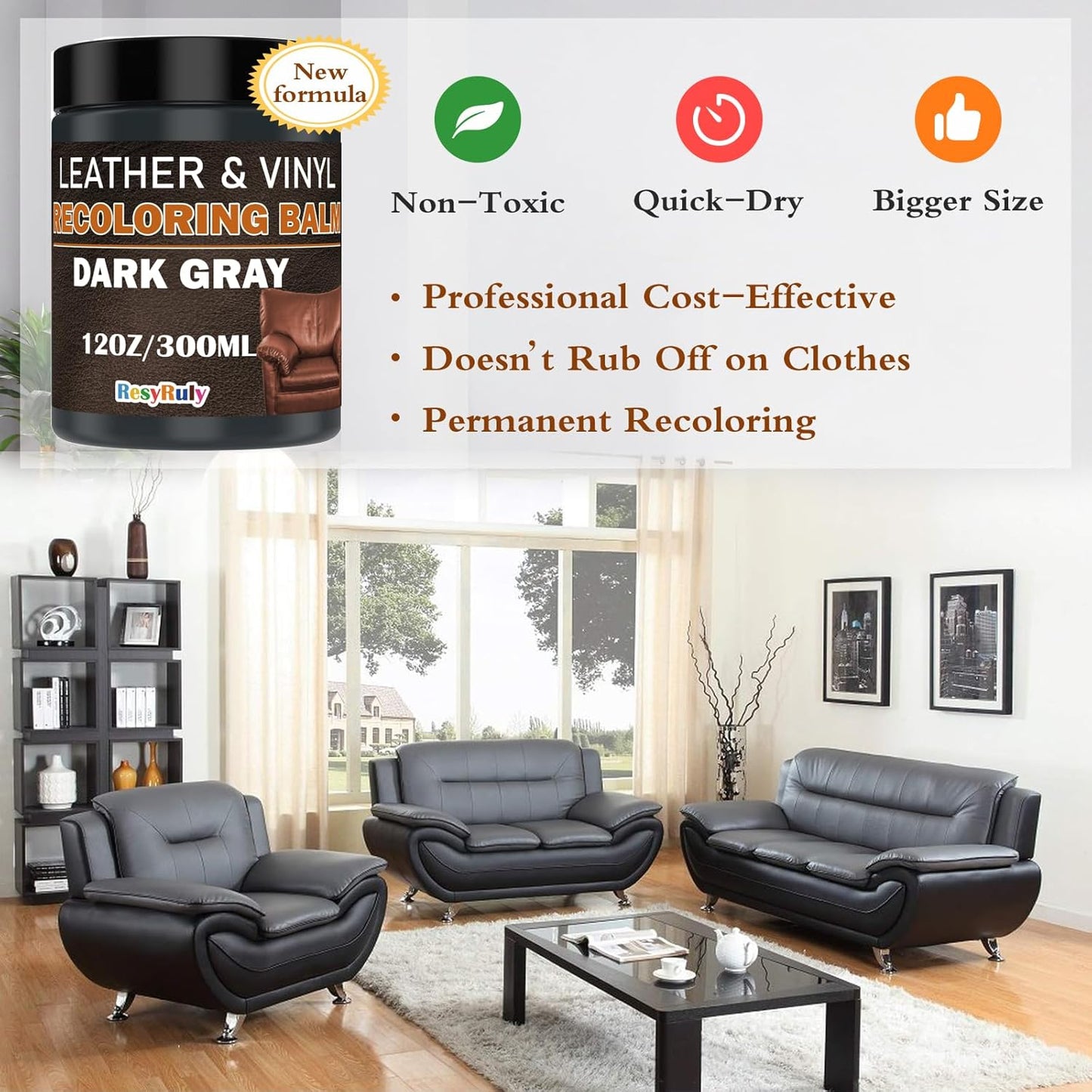 Dark Gray Recoloring Balm Leather Vinyl Auto Dash Board Car Interior Seats Paint Furniture Dye Color Restorer Refinish Shoes Sofa Gloves Jacket Purse Bag Couch Stain Fade Scratches Peeling Repair Kit