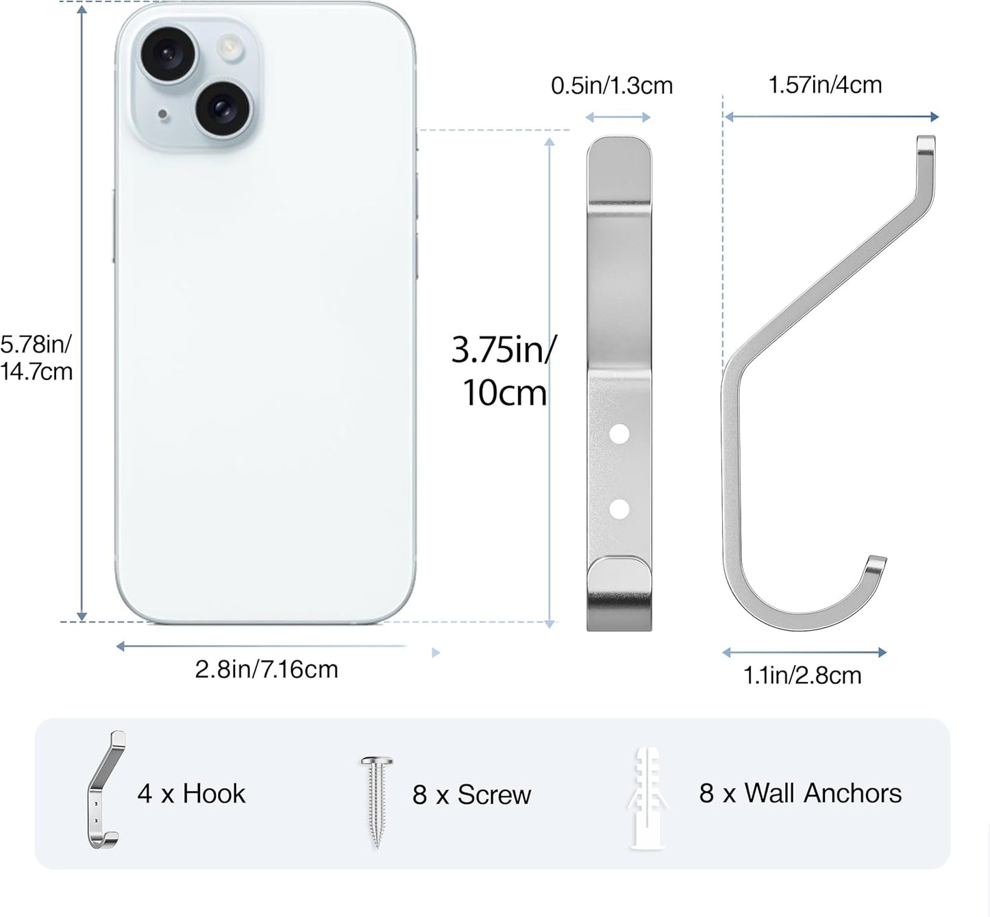 10-Pack Coat Hook for Hanging, 20LB (Max), Stainless Wall Hooks for Towel, Hat, Backpack, Key, Clothes, Wall Mounted Coat Hanger for Closet, Metal, Silver 3.75“