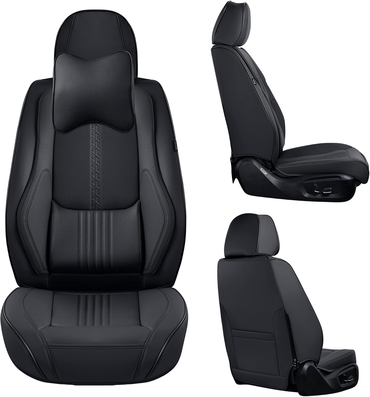 Front Seat Covers, 2 Pieces Universal Seat Covers for Cars, Waterproof Leather Auto Seat Protectors with Head Pillow, Car Seat Cushions Fit for Most Sedans SUV Pick-up Truck, Black