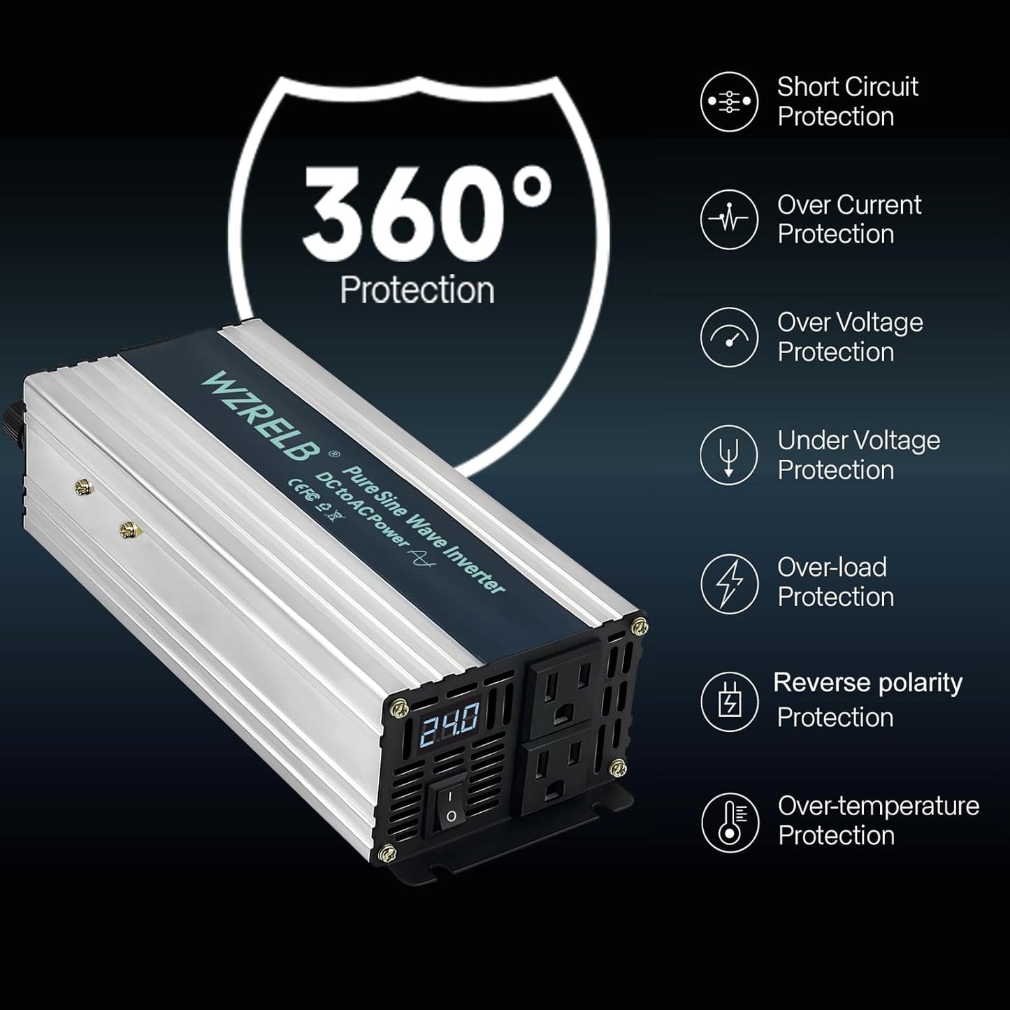 WZRELB 1200W Pure Sine Wave Inverter 24V DC to 110V 120V AC Power Converter with LED Display, Off-Grid Portable Power Inverter with 2 AC Outlets for Home, RV, Truck, Camping